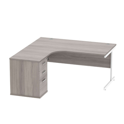 Single Upright Left Hand Radial Desk + Desk High Pedestal (FSC) | 600mm Deep Pedestal | 1600 X 1200 | Alaskan Grey Oak/White