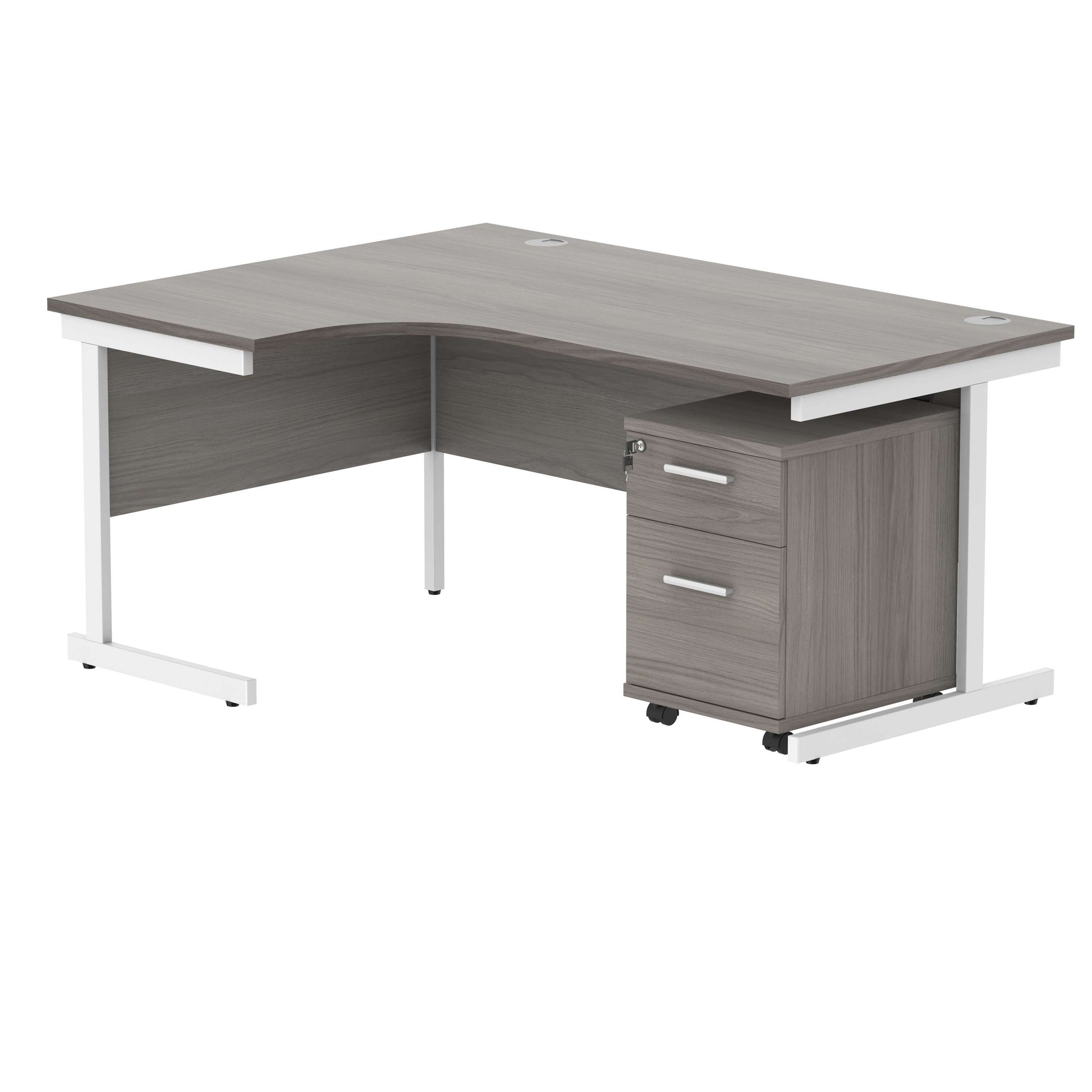 Single Upright Left Hand Radial Desk + 2 Drawer Mobile Under Desk Pedestal (FSC) | 1600 X 1200 | Alaskan Grey Oak/White