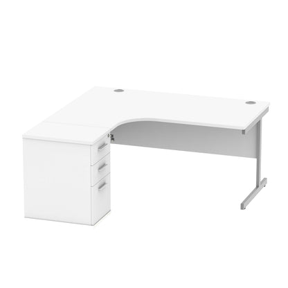 Single Upright Left Hand Radial Desk + Desk High Pedestal (FSC) | 600mm Deep Pedestal | 1600 X 1200 | Arctic White/Silver