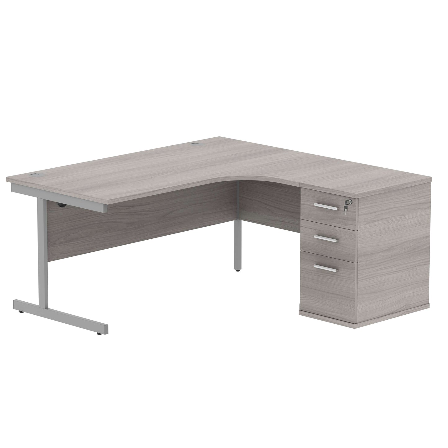 Single Upright Right Hand Radial Desk + Desk High Pedestal (FSC) | 600mm Deep Pedestal | 1600 X 1200 | Alaskan Grey Oak/Silver