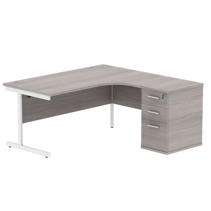 Single Upright Right Hand Radial Desk + Desk High Pedestal (FSC) | 600mm Deep Pedestal | 1600 X 1200 | Alaskan Grey Oak/White