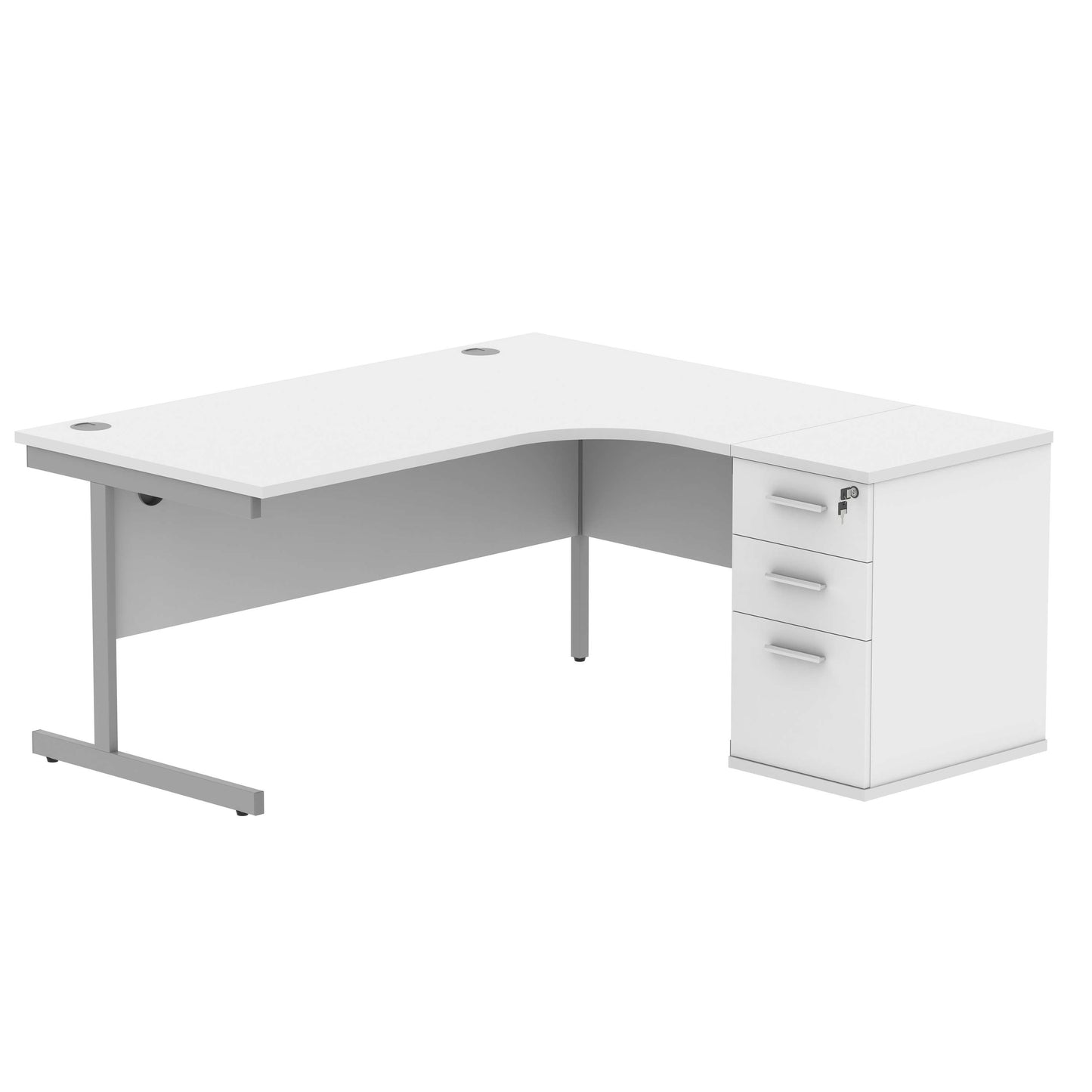 Single Upright Right Hand Radial Desk + Desk High Pedestal (FSC) | 600mm Deep Pedestal | 1600 X 1200 | Arctic White/Silver