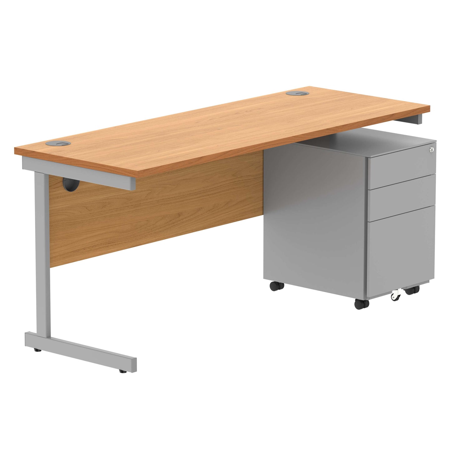 CORE Single Upright Rectangular Desk + Under Desk Steel Pedestal 3 Drawers (FSC) | 1600 X 600 | Norwegian Beech/Silver