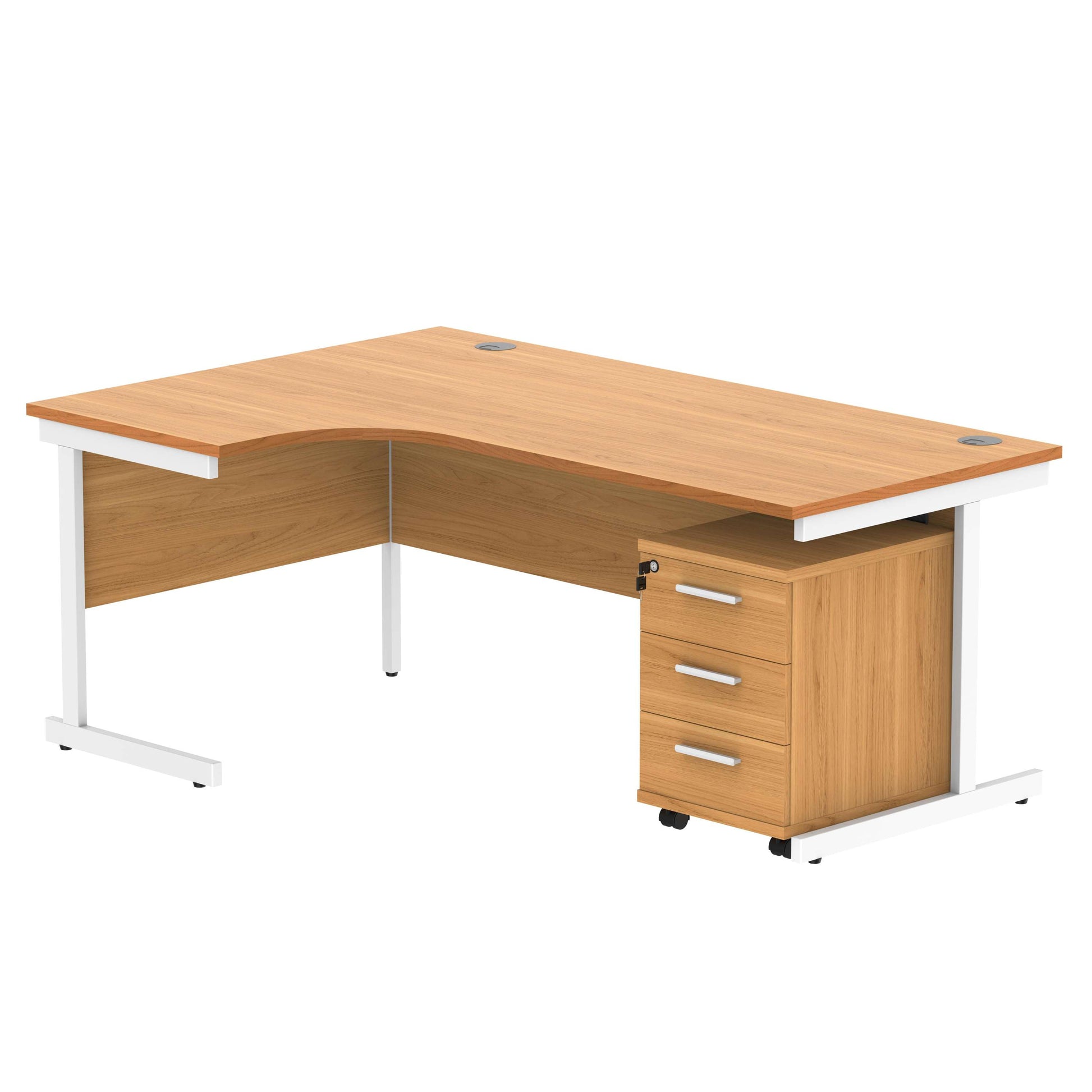 Single Upright Left Hand Radial Desk + 3 Drawer Mobile Under Desk Pedestal (FSC) | 1800 X 1200 | Norwegian Beech/White