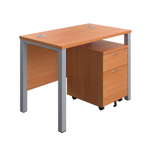 Goal Post Rectangular Desk + 2 Drawer Mobile Pedestal (FSC) | 1000x600 | Beech/Silver