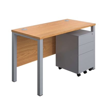 Goal Post Rectangular Desk + 3 Drawer Steel Pedestal (FSC) | 1200x600 | Nova oak/Silver