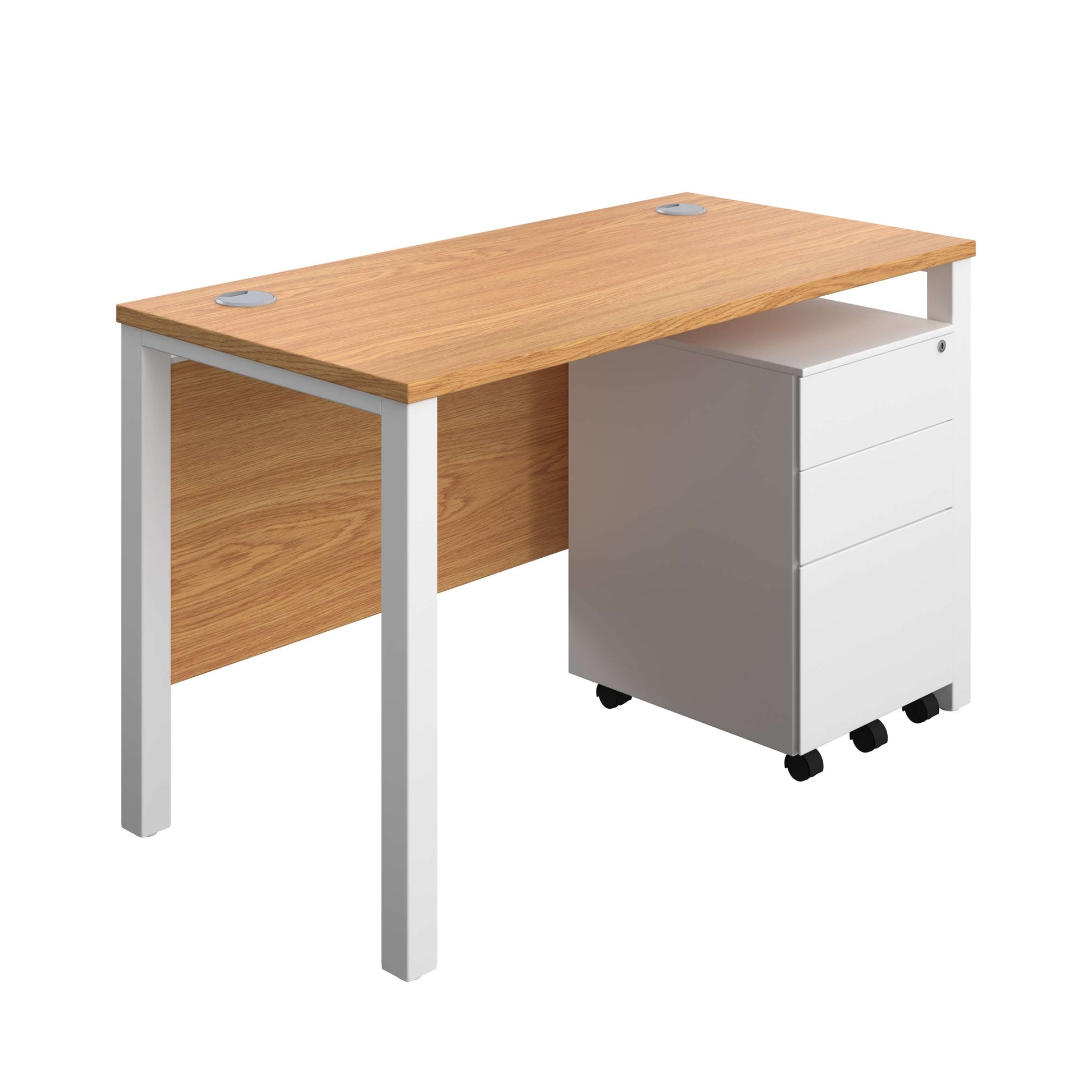 Goal Post Rectangular Desk + 3 Drawer Steel Pedestal (FSC) | 1200x600 | Nova oak/White