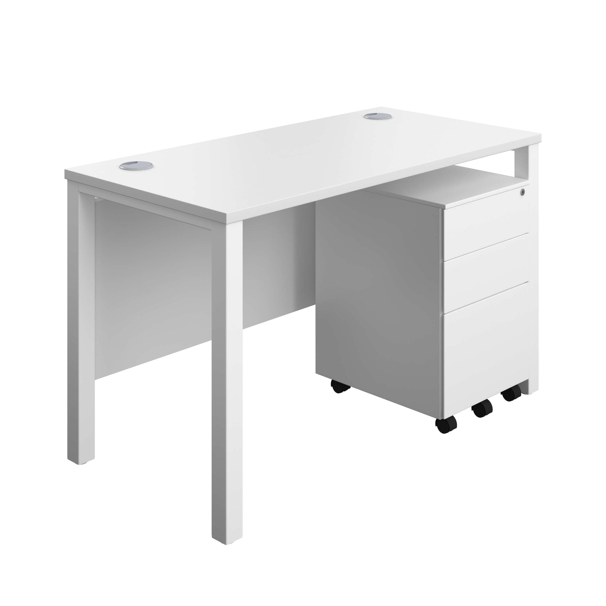 Goal Post Rectangular Desk + 3 Drawer Steel Pedestal (FSC) | 1200x600 | White/White