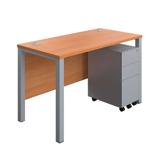 Goal Post Rectangular Desk + 3 Drawer Slimline Steel Pedestal (FSC) | 1200x600 | Beech/Silver