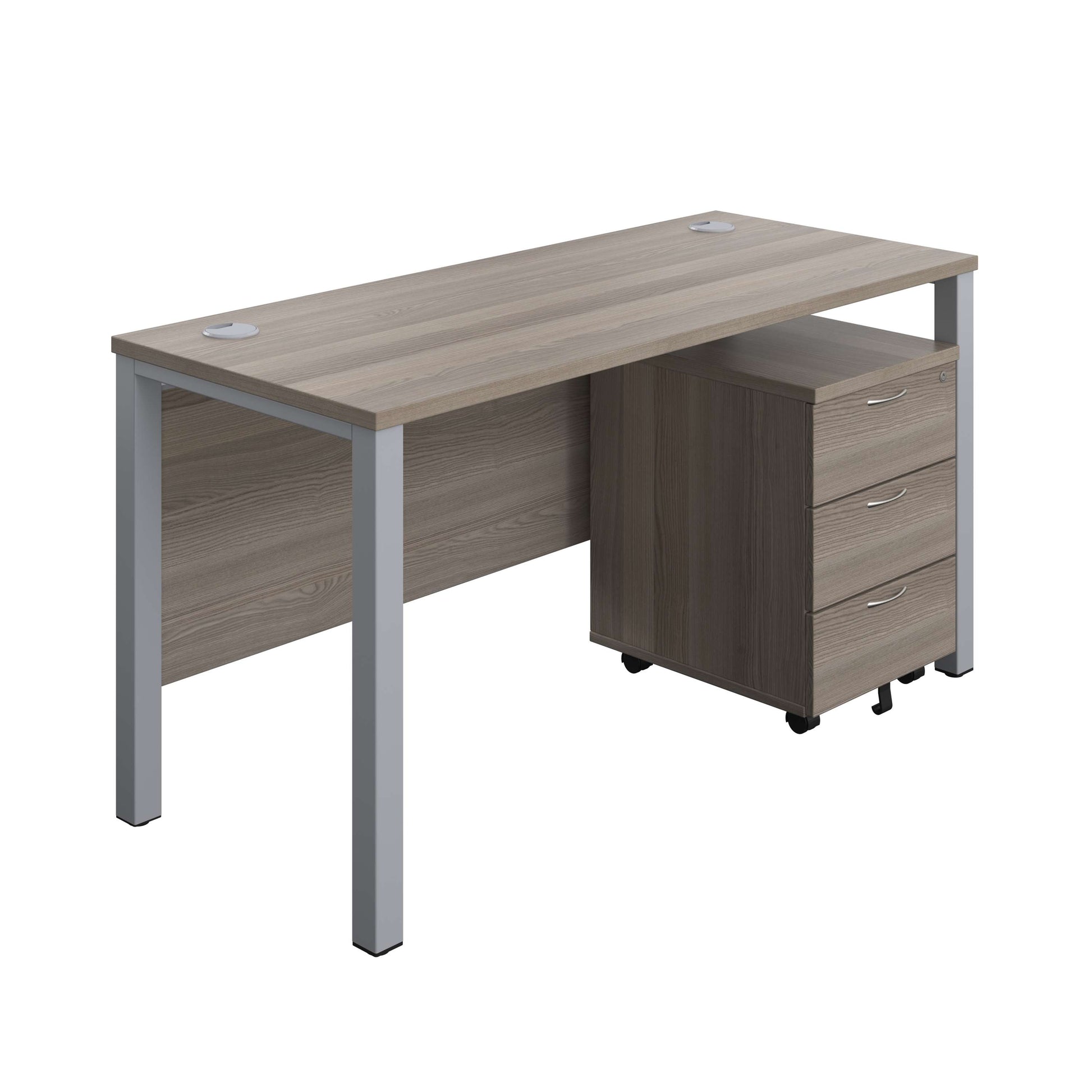 Goal Post Rectangular Desk + 3 Drawer Mobile Pedestal (FSC) | 1400x600 | Grey oak/Silver