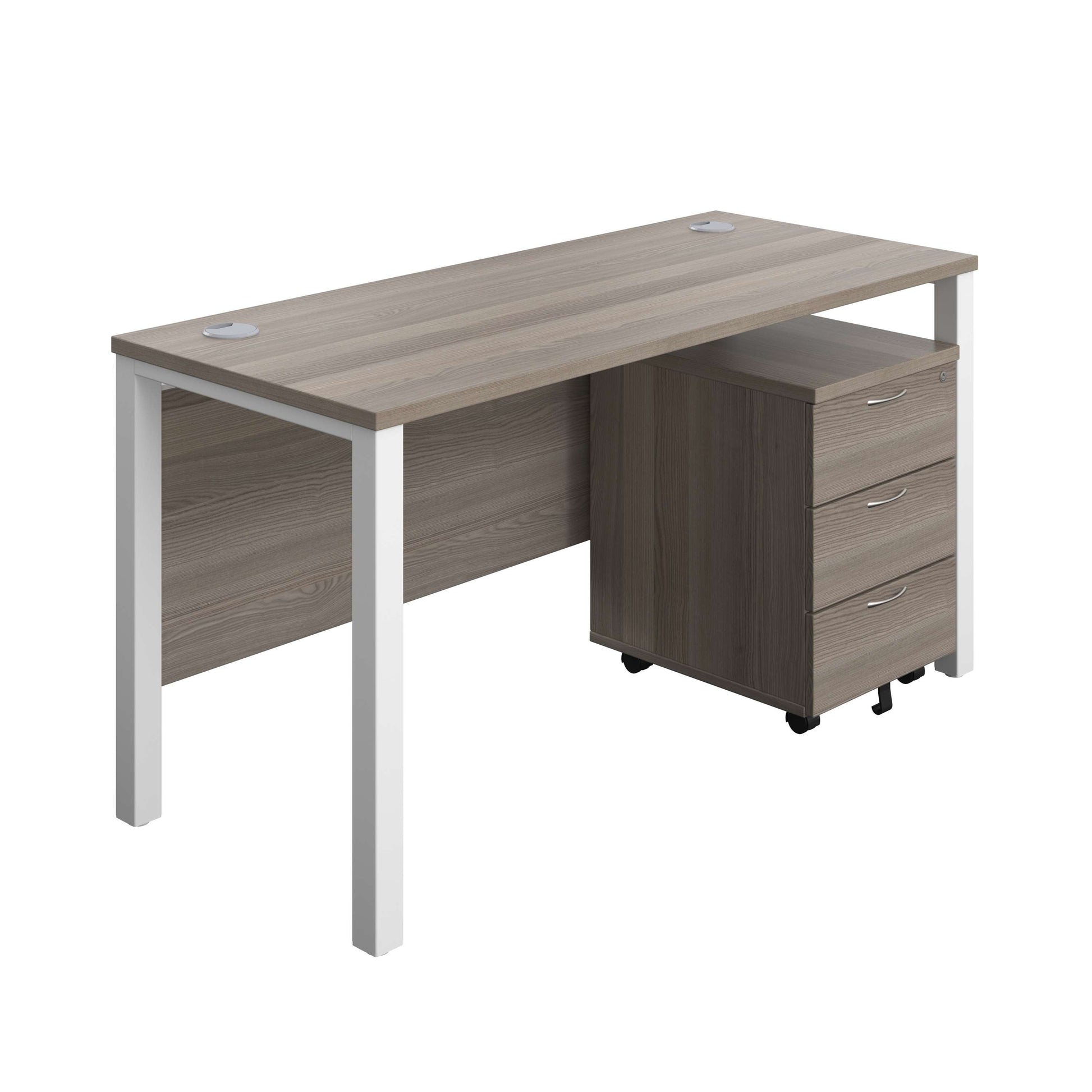 Goal Post Rectangular Desk + 3 Drawer Mobile Pedestal (FSC) | 1400x600 | Grey oak/White