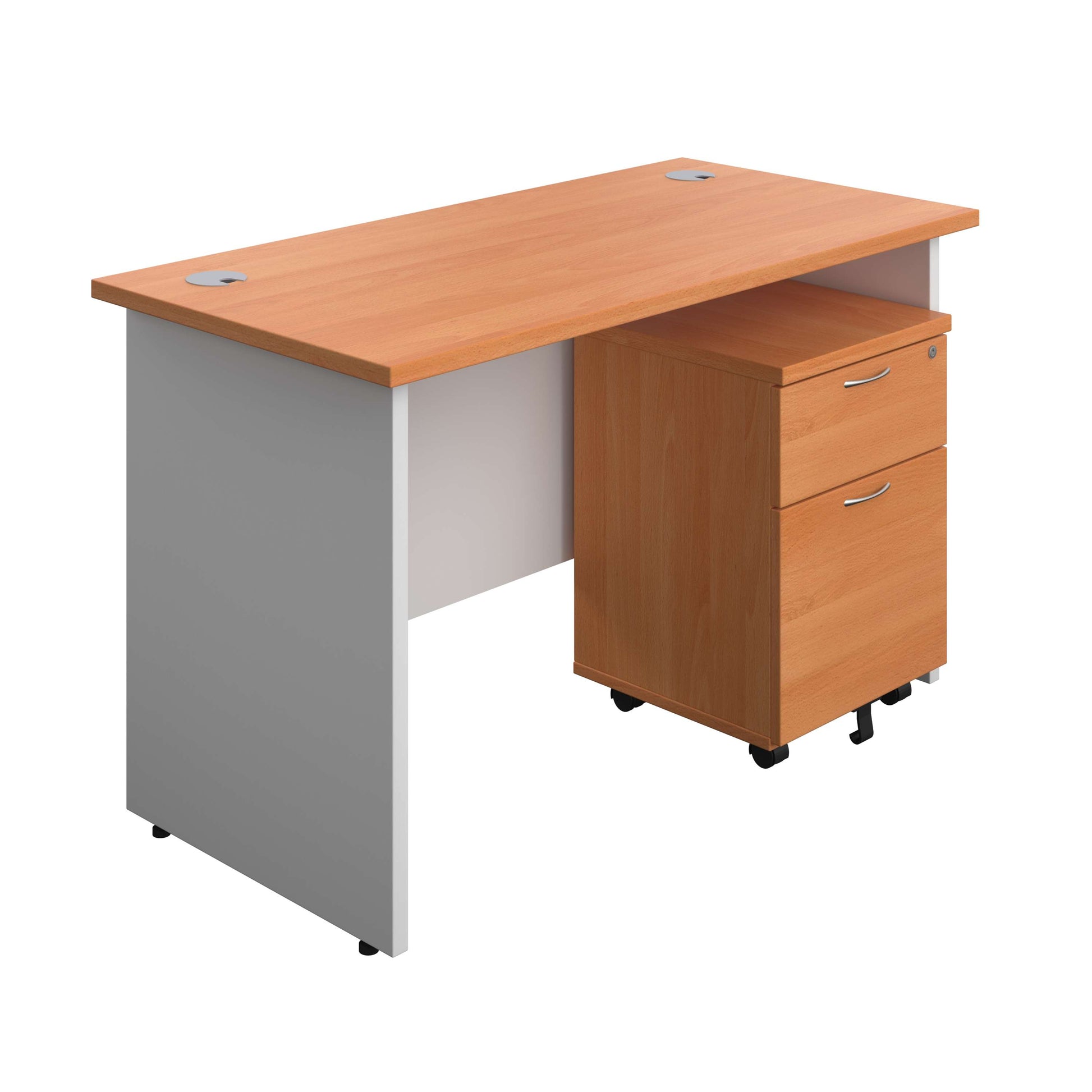 Panel Plus Rectangular Desk + 2 Drawer Mobile Pedestal Bundle (FSC) | 1200X600 | Beech/White