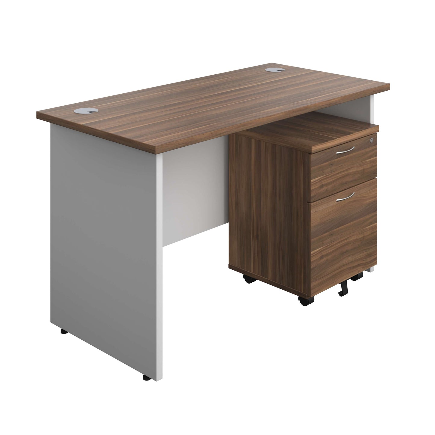 Panel Plus Rectangular Desk + 2 Drawer Mobile Pedestal Bundle (FSC) | 1200X600 | Dark Walnut/White