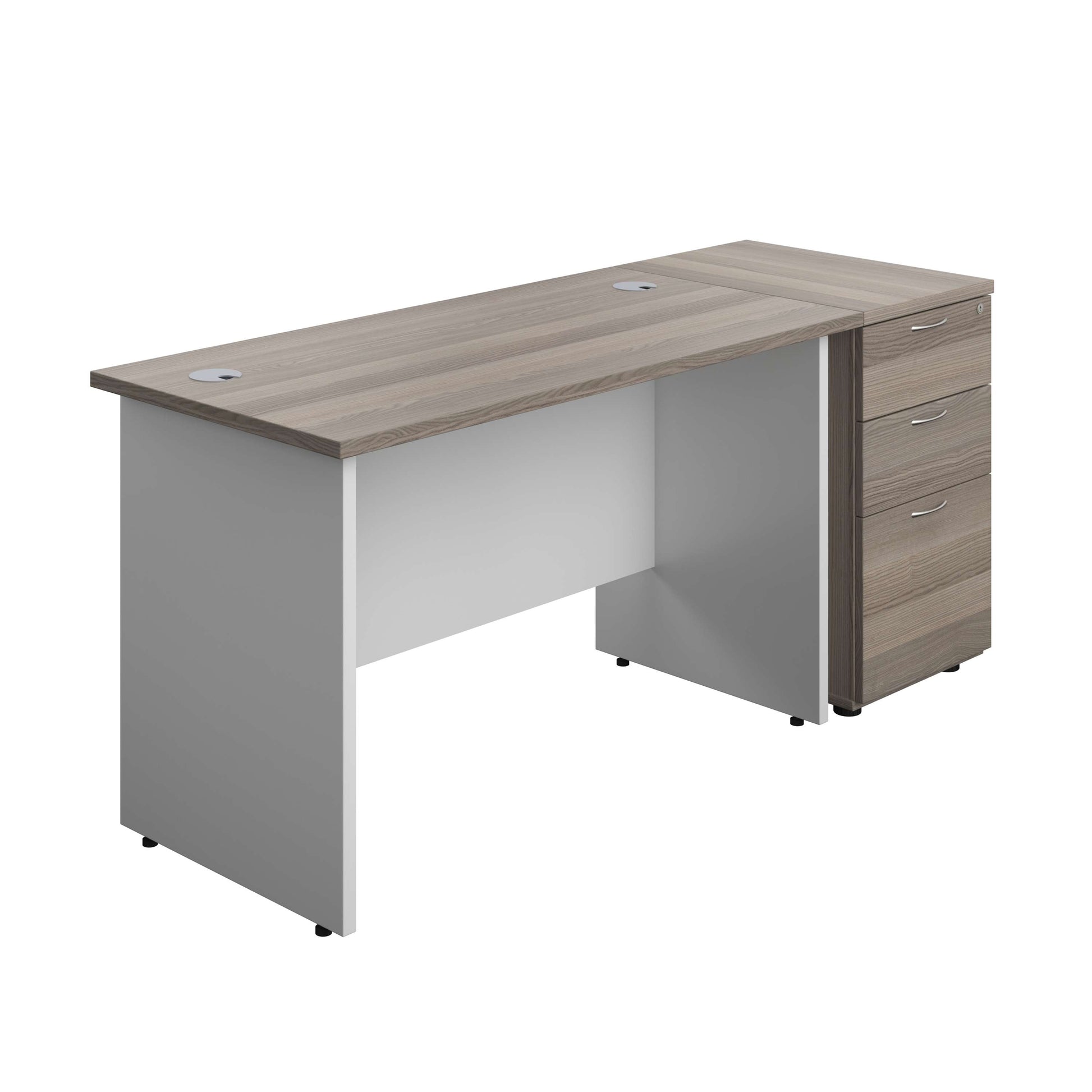 Panel Plus Rectangular Desk + Matching 3 Drawer Desk High Pedestal Bundle (FSC) | 600 Pedestal | 1200X600 | Grey Oak/White