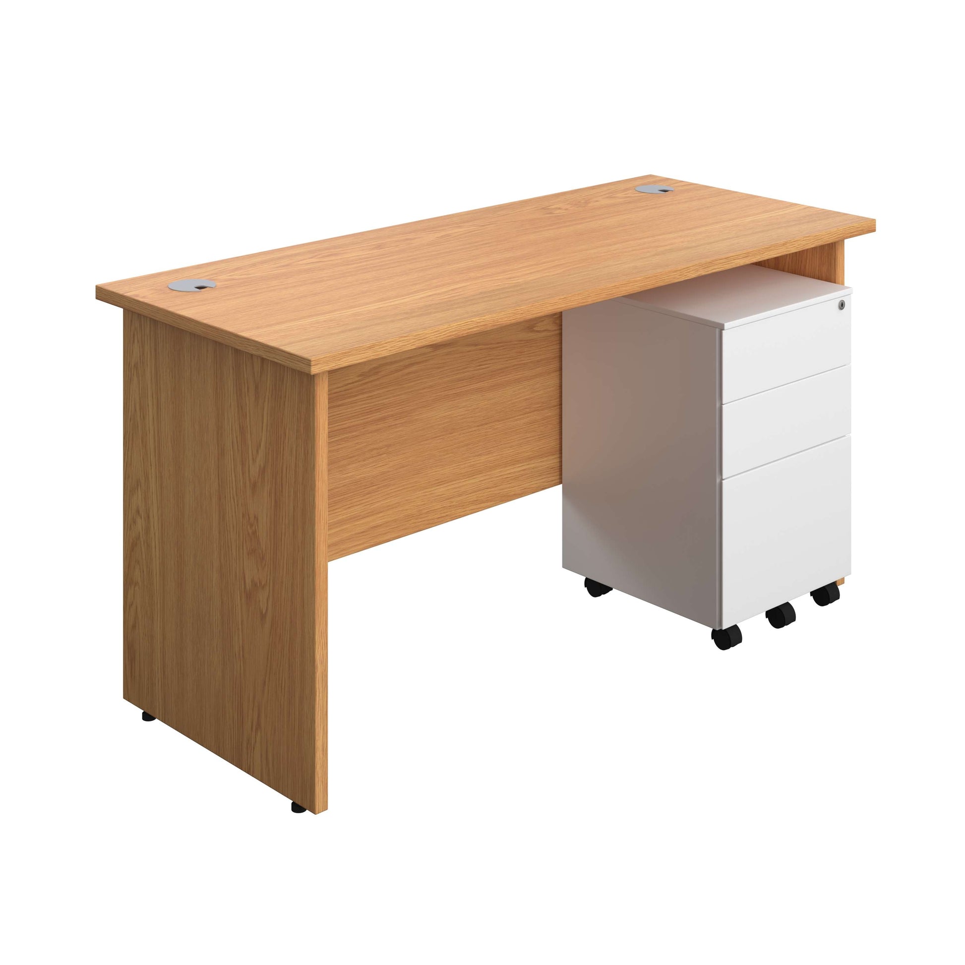 Panel Rectangular Desk + 3 Drawer Steel Pedestal Bundle (FSC) | 1400X600 | Nova Oak/White