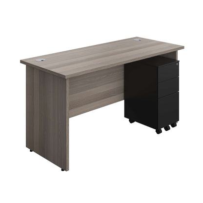 Panel Rectangular Desk + 3 Drawer Slimline Steel Pedestal Bundle (FSC) | 1400X600 | Grey Oak/Black