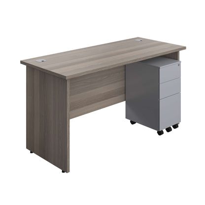 Panel Rectangular Desk + 3 Drawer Slimline Steel Pedestal Bundle (FSC) | 1400X600 | Grey Oak/Silver