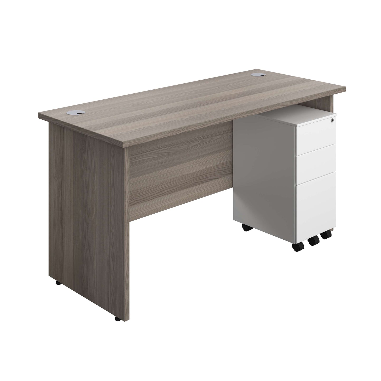 Panel Rectangular Desk + 3 Drawer Slimline Steel Pedestal Bundle (FSC) | 1400X600 | Grey Oak/White