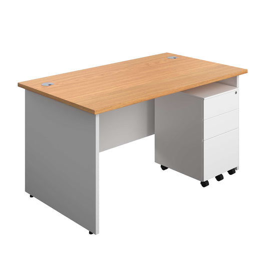 Panel Plus Rectangular Desk + 3 Drawer Steel Pedestal Bundle (FSC) | 1400X800 | Nova Oak/White