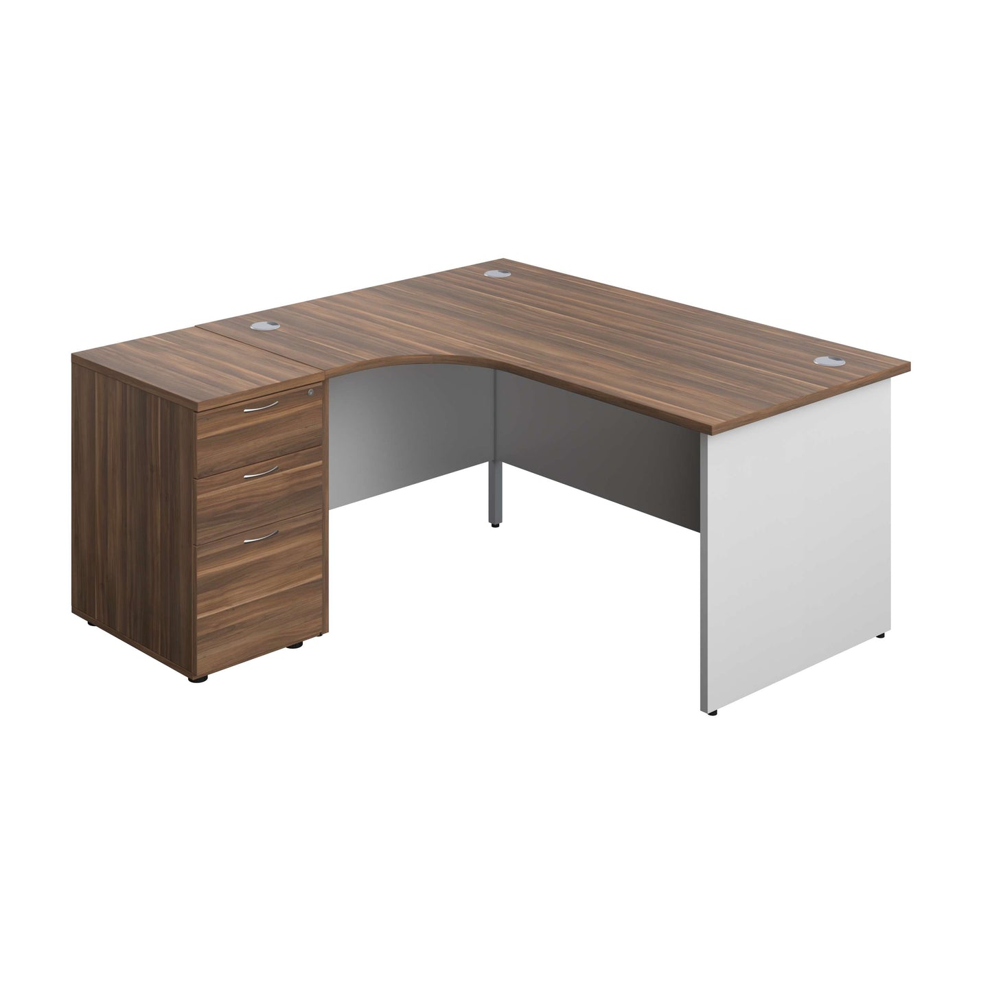 Panel Plus Left Radial Desk + Matching 3 Drawer Desk High Pedestal Bundle (FSC) | 600 Pedestal | 1600X1200 | Dark Walnut/White