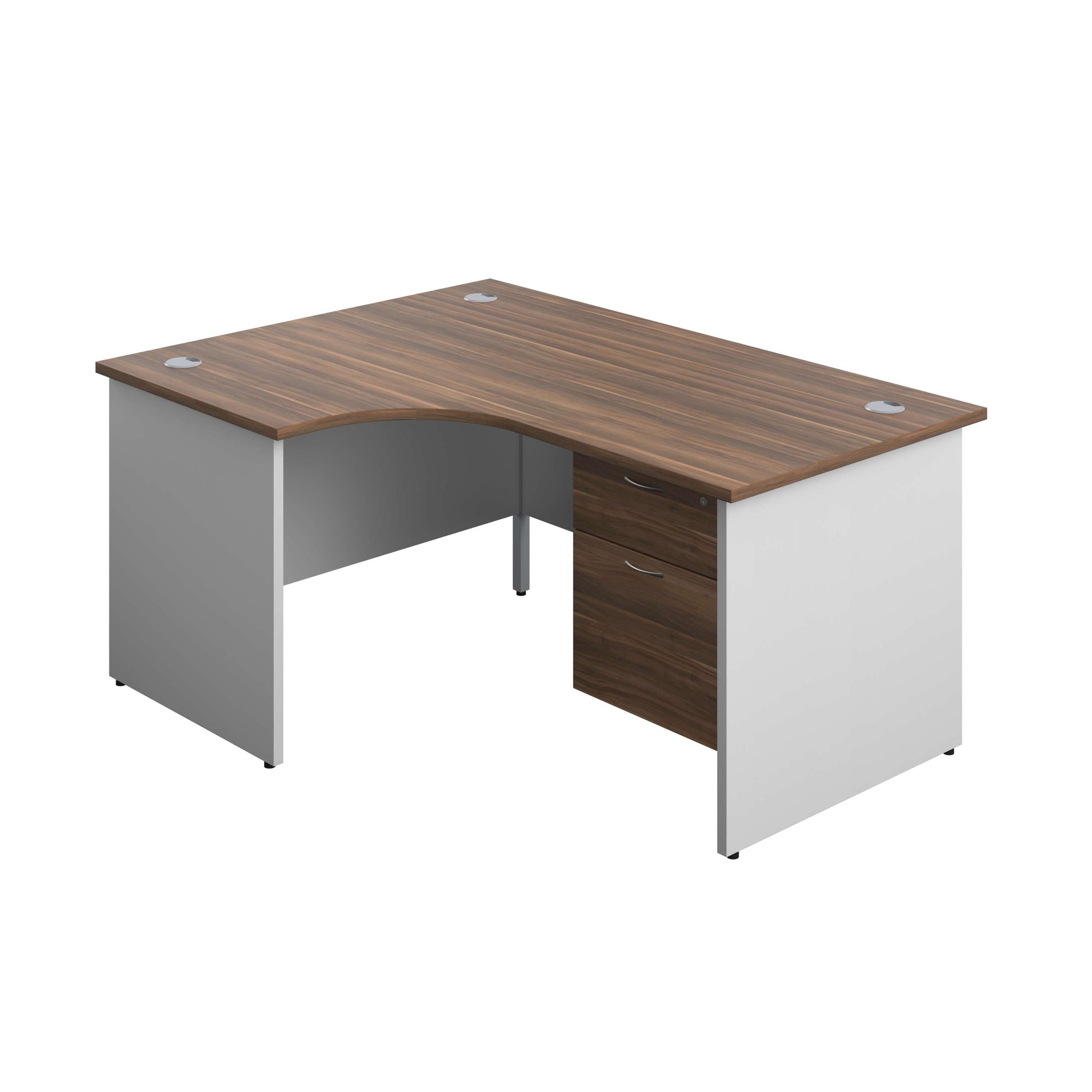 Panel Plus Left Radial Desk + 2 Drawer Fixed Pedestal Bundle (FSC) | 1600X1200 | Dark Walnut/White