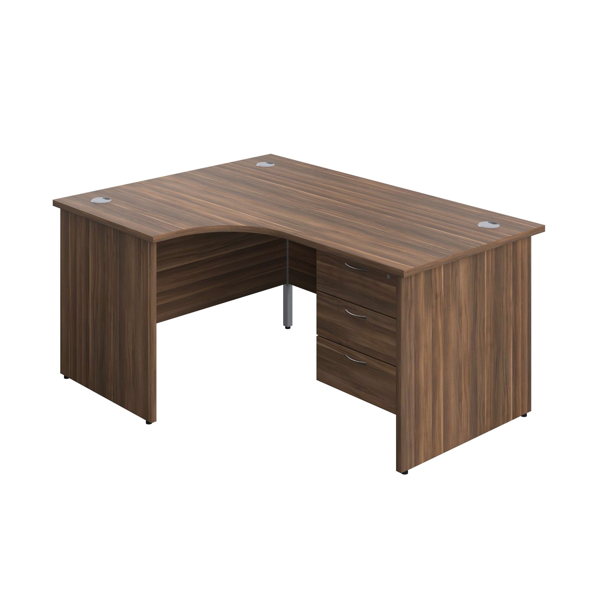 Panel Left Hand Radial Desk + 3 Drawer Fixed Pedestal Bundle (FSC) | 1600X1200 | Dark Walnut/Dark Walnut