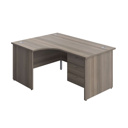 Panel Left Hand Radial Desk + 3 Drawer Fixed Pedestal Bundle (FSC) | 1600X1200 | Grey Oak/Grey Oak