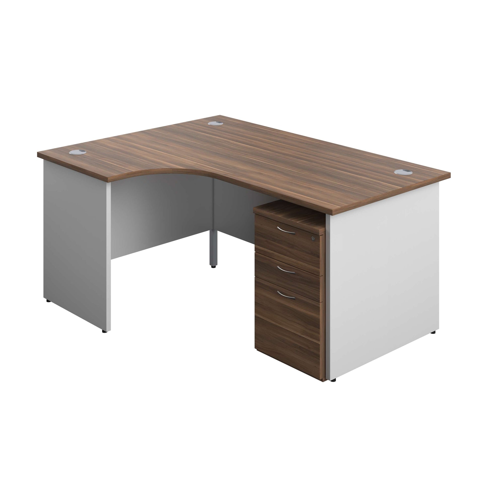 Panel Plus Left Radial Desk + 3 Drawer High Mobile Pedestal Bundle (FSC) | 1600X1200 | Dark Walnut/White