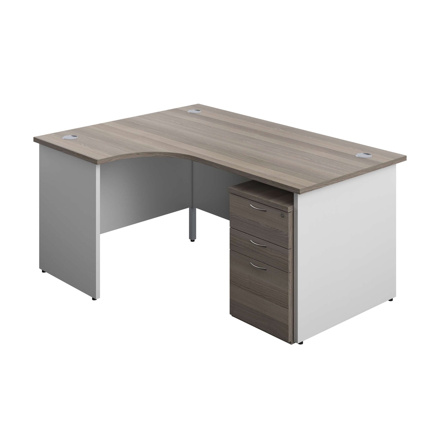 Panel Plus Left Radial Desk + 3 Drawer High Mobile Pedestal Bundle (FSC) | 1600X1200 | Grey Oak/White