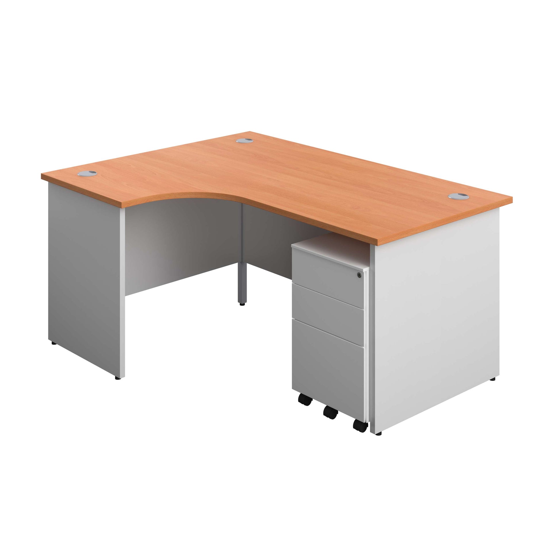 Panel Plus Left Radial Desk + 3 Drawer Steel Mobile Pedestal Bundle (FSC) | 1600X1200 | Beech/White