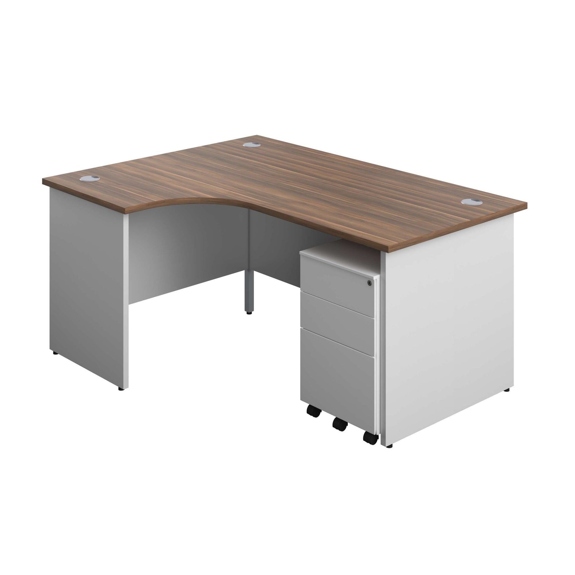 Panel Plus Left Radial Desk + 3 Drawer Steel Mobile Pedestal Bundle (FSC) | 1600X1200 | Dark Walnut/White