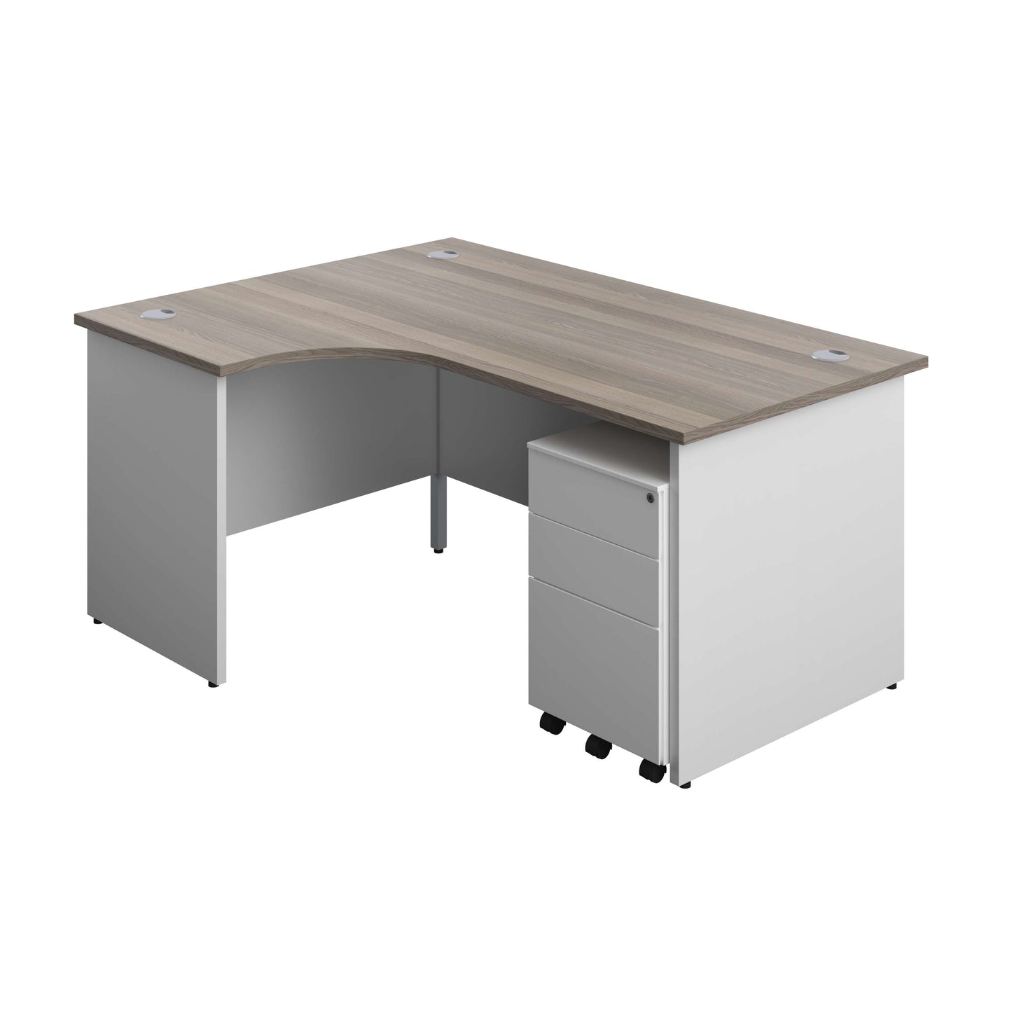 Panel Plus Left Radial Desk + 3 Drawer Steel Mobile Pedestal Bundle (FSC) | 1600X1200 | Grey Oak/White