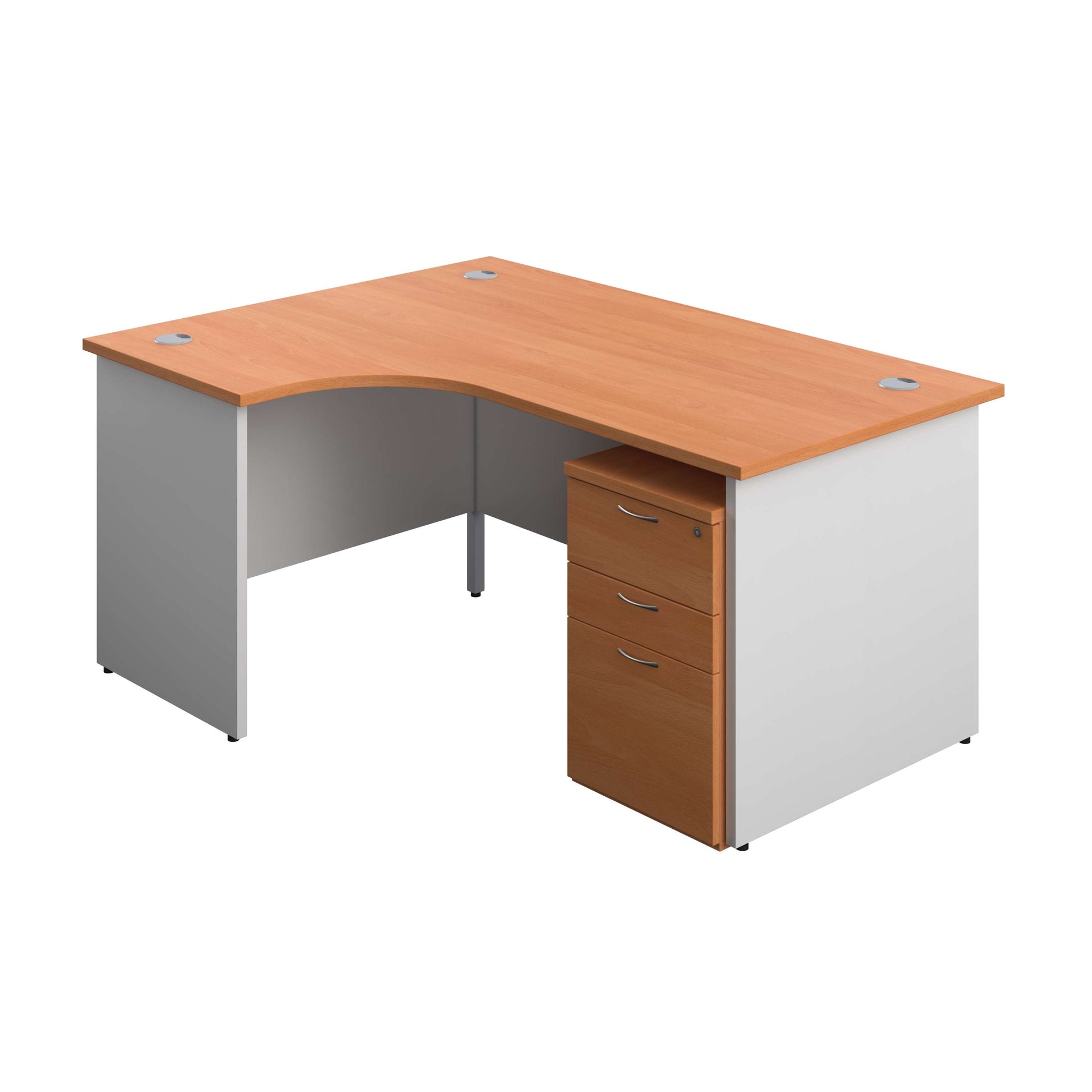 Panel Plus Left Radial Desk + 3 Drawer Under Desk Pedestal Bundle (FSC) | 1600X1200 | Beech/White