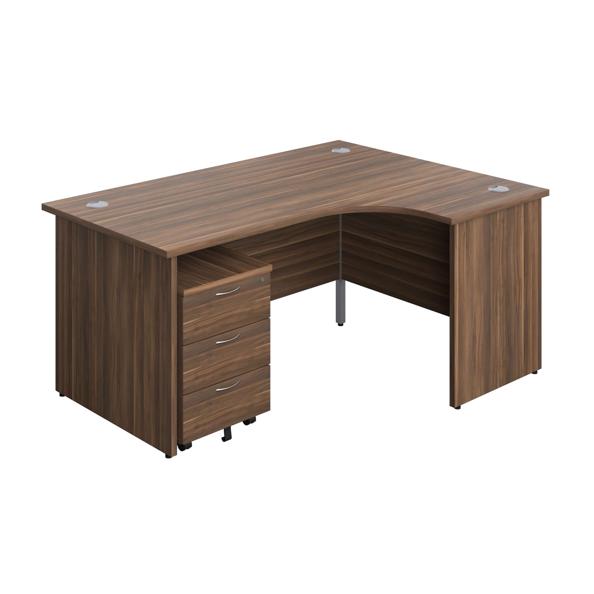 Panel Right Hand Radial Desk + 3 Drawer Mobile Pedestal Bundle (FSC) | 1600X1200 | Dark Walnut/Dark Walnut