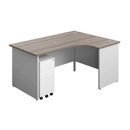 Panel Plus Right Radial Desk + 3 Drawer White Slimline Steel Mobile Pedestal Bundle (FSC) | 1600X1200 | Grey Oak/White