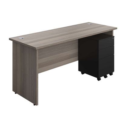 Panel Rectangular Desk + 3 Drawer Steel Pedestal Bundle (FSC) | 1600X600 | Grey Oak/Black