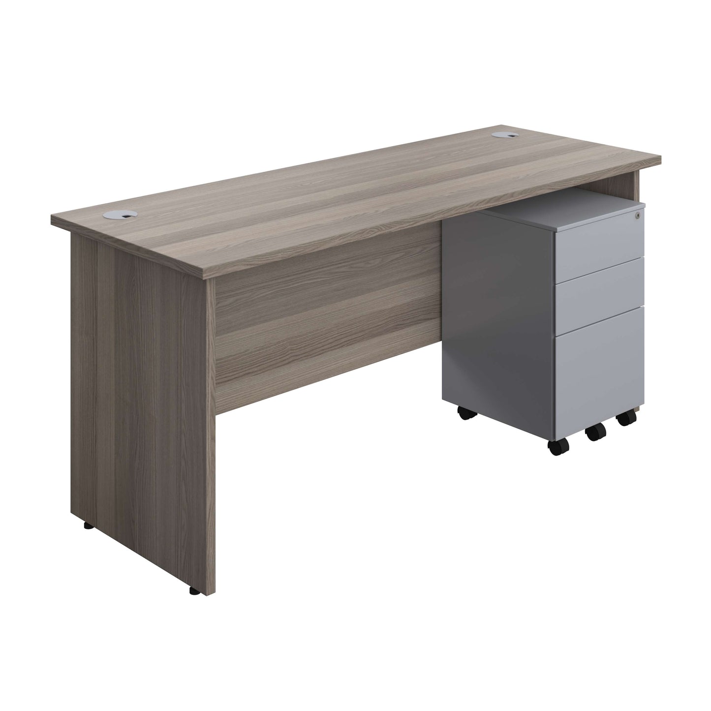 Panel Rectangular Desk + 3 Drawer Steel Pedestal Bundle (FSC) | 1600X600 | Grey Oak/Silver