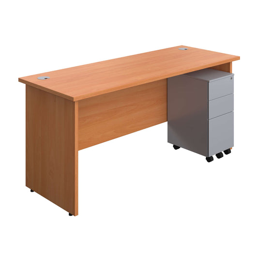 Panel Rectangular Desk + 3 Drawer Slimline Steel Pedestal Bundle (FSC) | 1600X600 | Beech/Silver