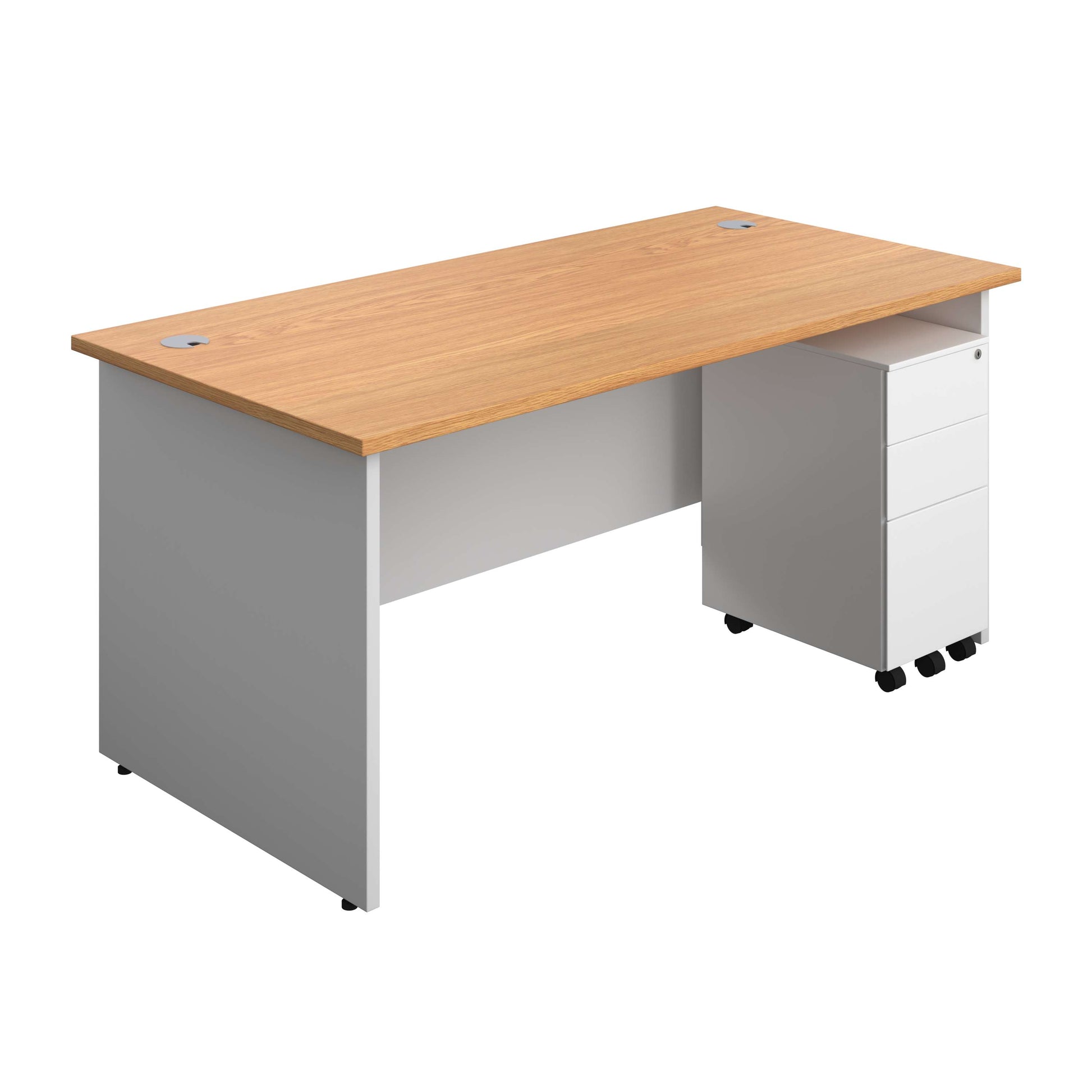 Panel Plus Rectangular Desk + 3 Drawer Slimline Steel Pedestal Bundle (FSC) | 1600X800 | Nova Oak/White