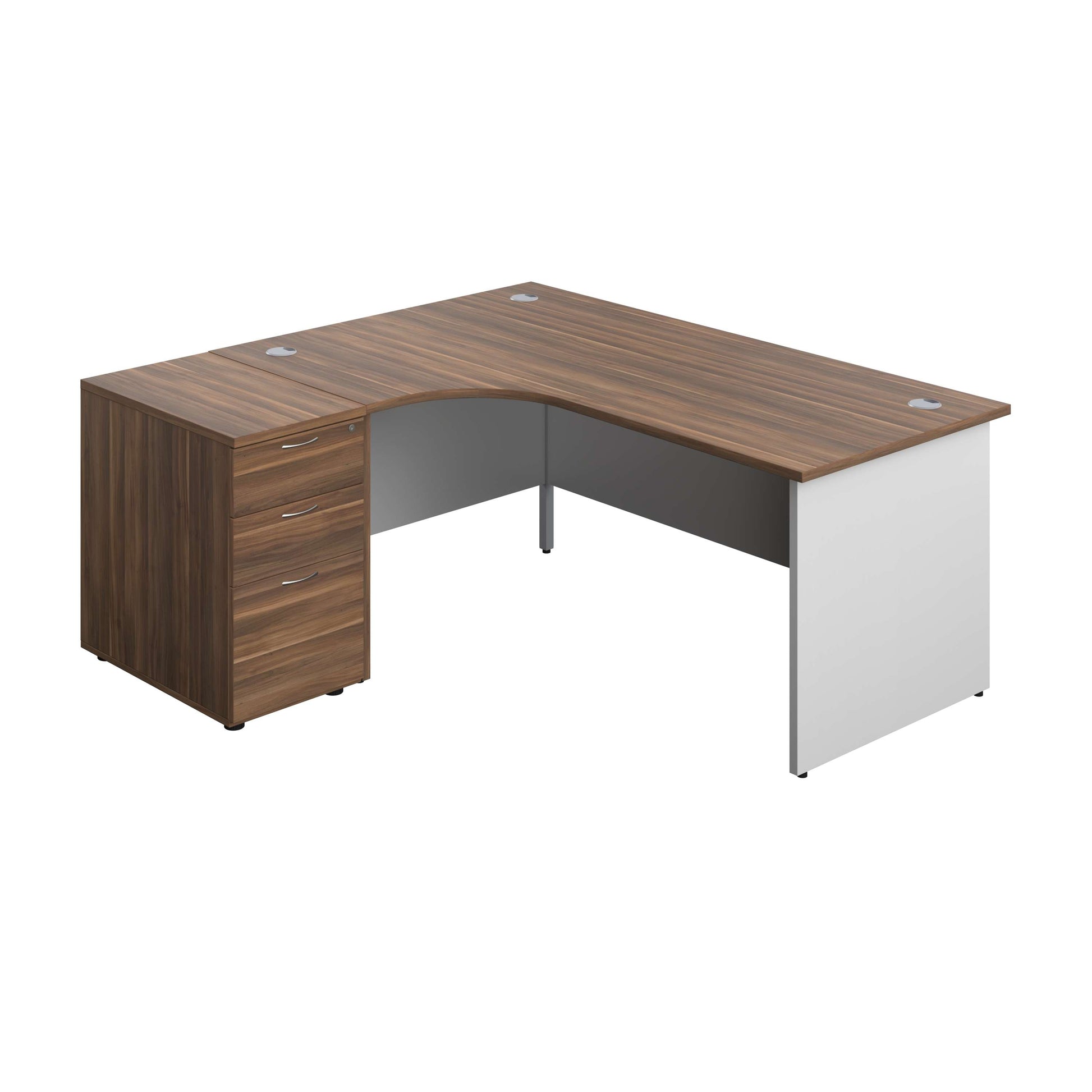 Panel Plus Left Radial Desk + Matching 3 Drawer Desk High Pedestal Bundle (FSC) | 600 Pedestal | 1800X1200 | Dark Walnut/White