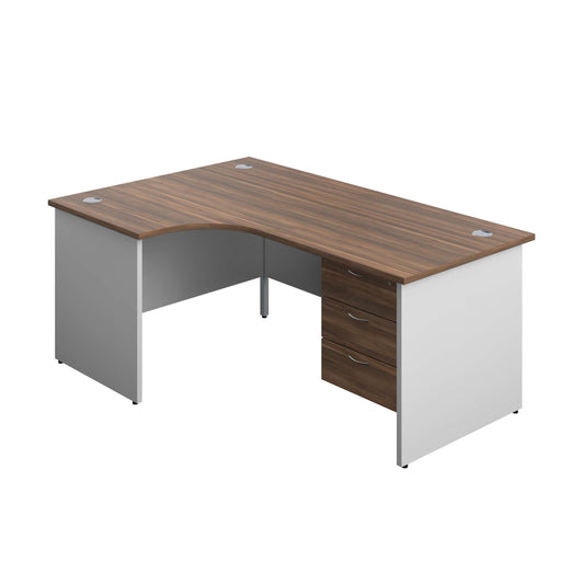 Panel Plus Left Radial Desk + 3 Drawer Fixed Pedestal Bundle (FSC) | 1800X1200 | Dark Walnut/White