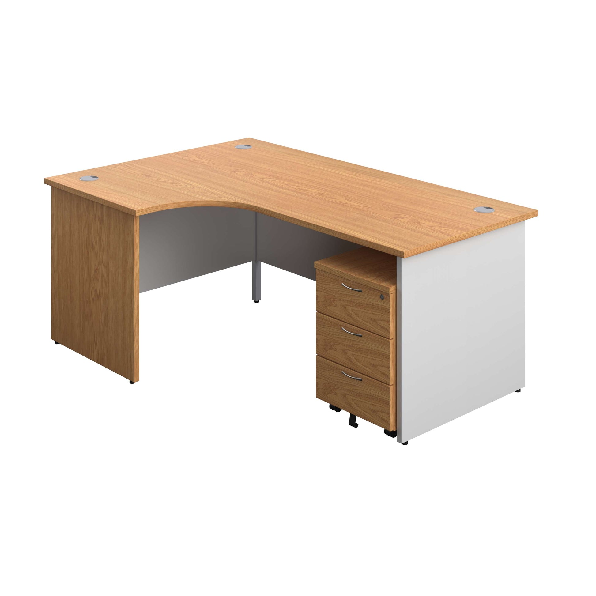 Panel Plus Left Radial Desk + 3 Drawer Mobile Pedestal Bundle (FSC) | 1800X1200 | Nova Oak/White