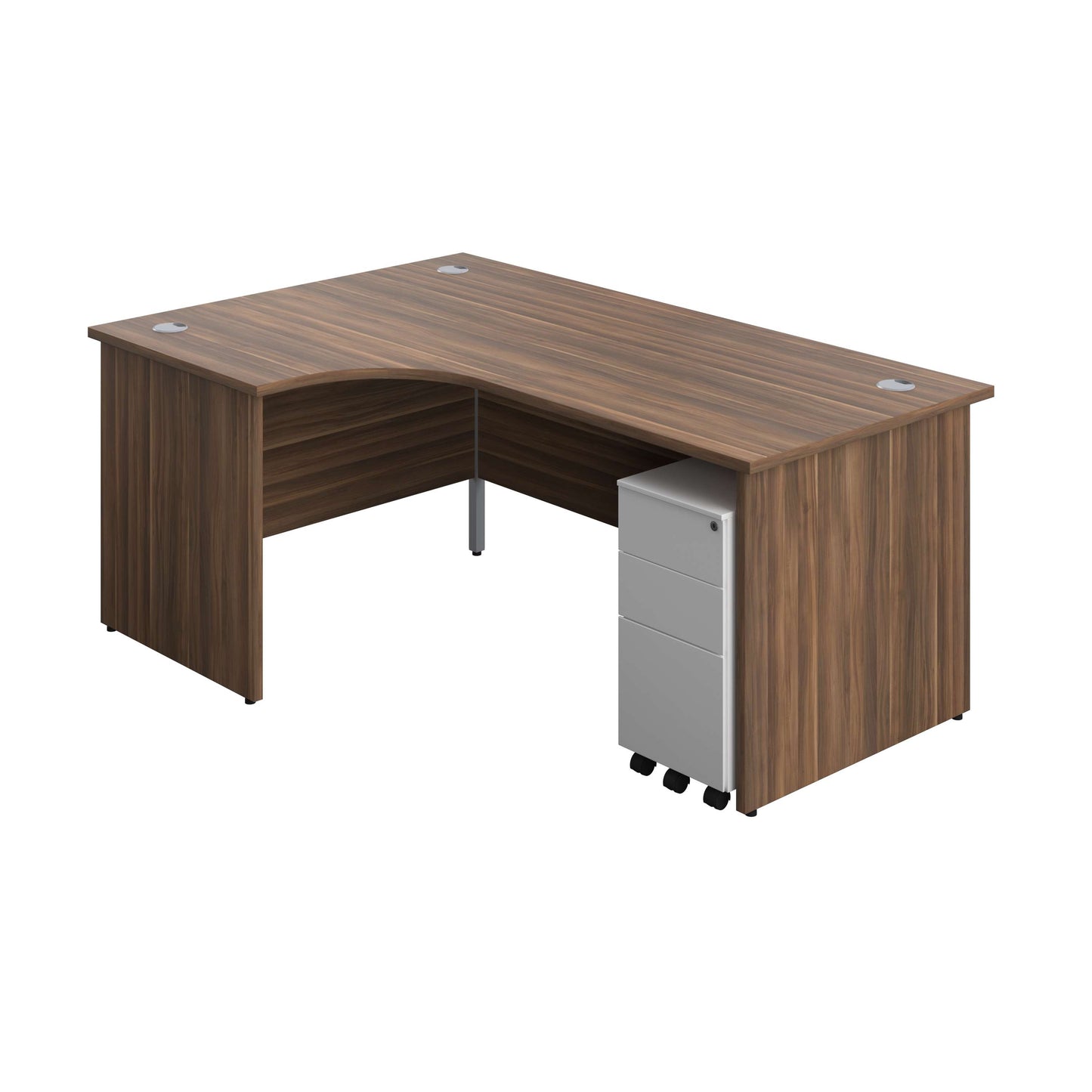 Panel Left Hand Radial Desk + 3 Drawer Slimline Steel Mobile Pedestal Bundle (FSC) | 1800X1200 | Dark Walnut/White