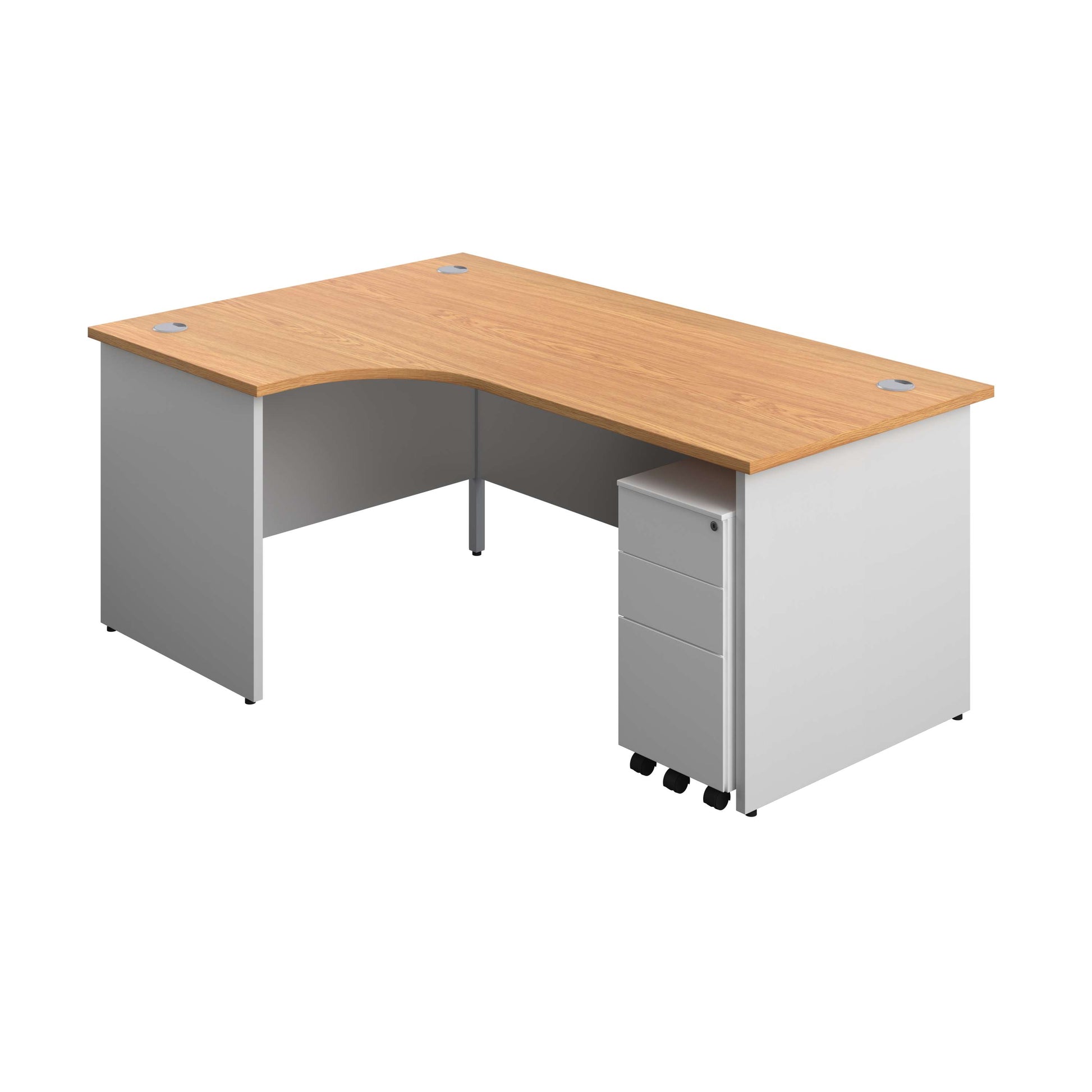 Panel Plus Left Radial Desk + 3 Drawer White Slimline Steel Mobile Pedestal Bundle (FSC) | 1800X1200 | Nova Oak/White