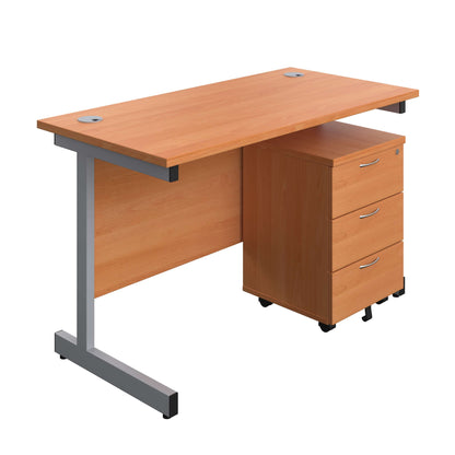 Single Upright Rectangular Desk + Mobile 3 Drawer Pedestal (FSC) | 1200 X 600 | Beech/Silver