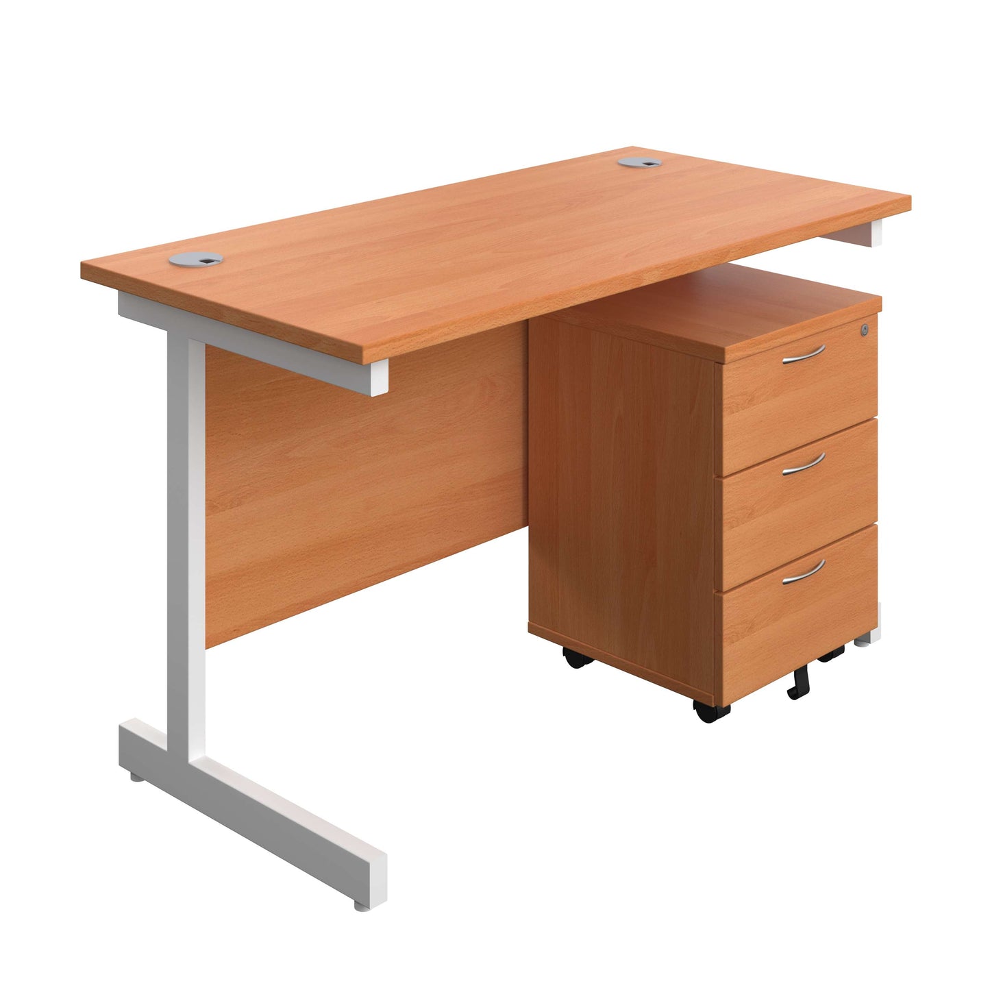 Single Upright Rectangular Desk + Mobile 3 Drawer Pedestal (FSC) | 1200 X 600 | Beech/White