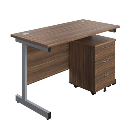 Single Upright Rectangular Desk + Mobile 3 Drawer Pedestal (FSC) | 1200 X 600 | Dark Walnut/Silver