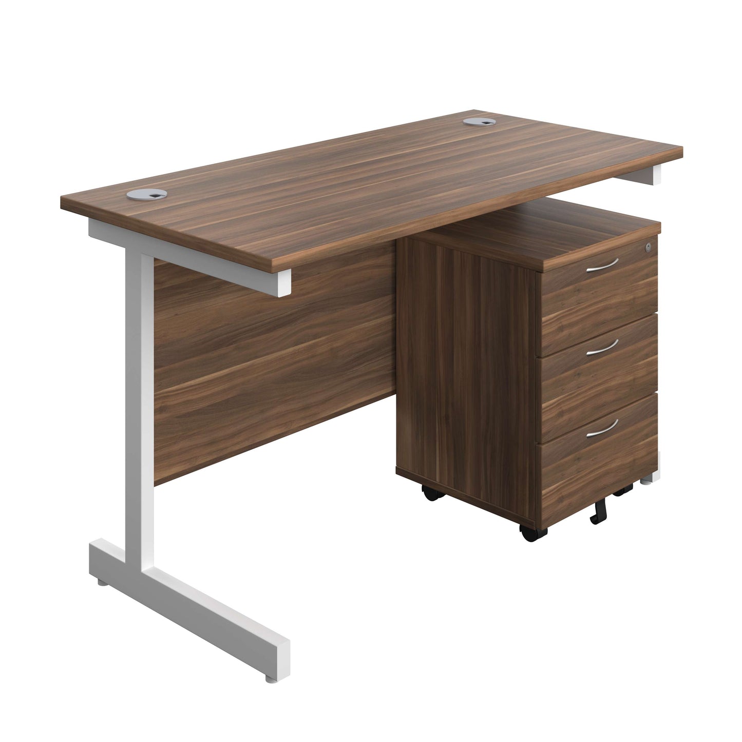 Single Upright Rectangular Desk + Mobile 3 Drawer Pedestal (FSC) | 1200 X 600 | Dark Walnut/White