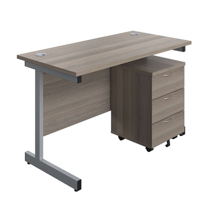 Single Upright Rectangular Desk + Mobile 3 Drawer Pedestal (FSC) | 1200 X 600 | Grey Oak/Silver