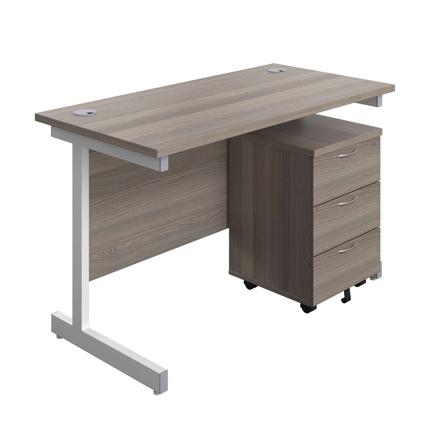 Single Upright Rectangular Desk + Mobile 3 Drawer Pedestal (FSC) | 1200 X 600 | Grey Oak/White